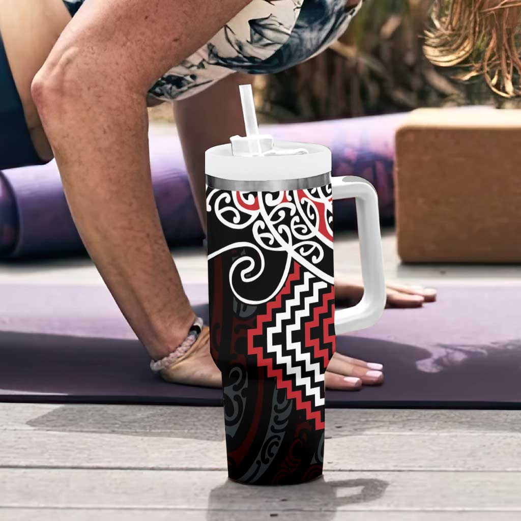 Red Aotearoa Tukutuku Manawa Tapu Tumbler With Handle Ta Moko Toi Maori LT9 - Polynesian Pride