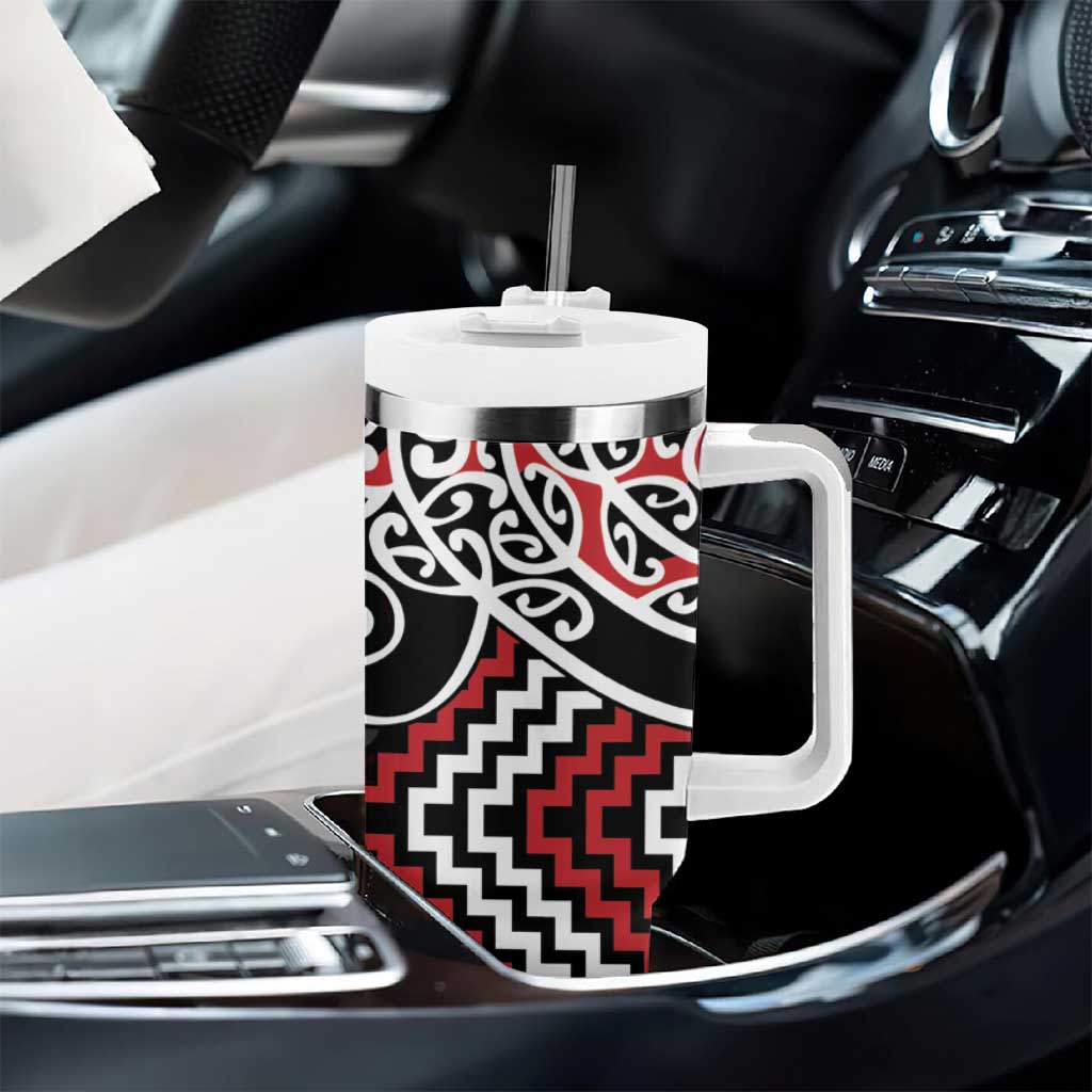 Red Aotearoa Tukutuku Manawa Tapu Tumbler With Handle Ta Moko Toi Maori LT9 - Polynesian Pride