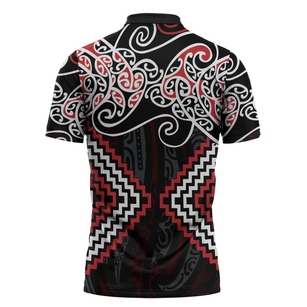 Red Aotearoa Tukutuku Manawa Tapu Zipper Polo Shirt Ta Moko Toi Maori - Polynesian Pride