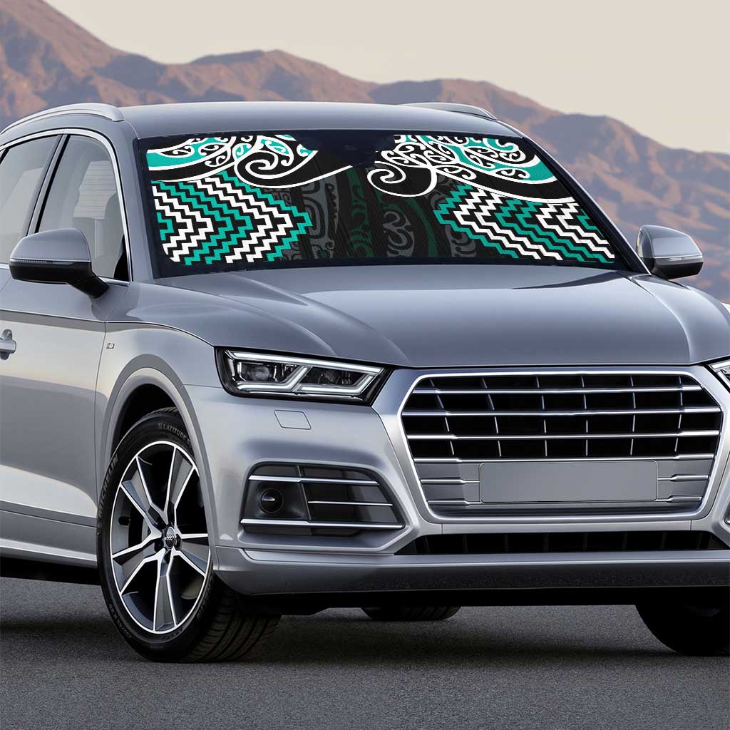 Turquoise Aotearoa Tukutuku Manawa Tapu Auto Sun Shade Ta Moko Toi Maori - Polynesian Pride