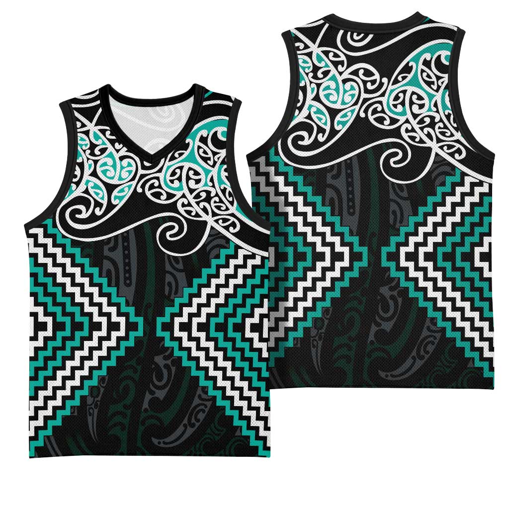 Turquoise Aotearoa Tukutuku Manawa Tapu Basketball Jersey Ta Moko Toi Maori - Polynesian Pride