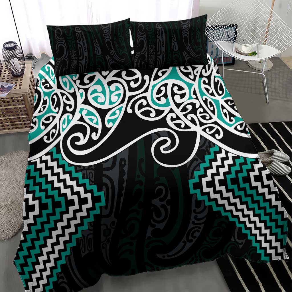 Turquoise Aotearoa Tukutuku Manawa Tapu Bedding Set Ta Moko Toi Maori