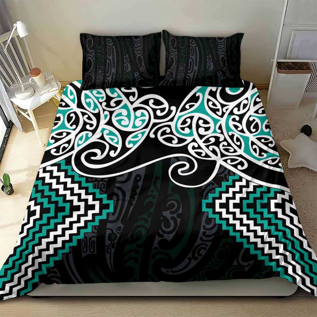 Turquoise Aotearoa Tukutuku Manawa Tapu Bedding Set Ta Moko Toi Maori