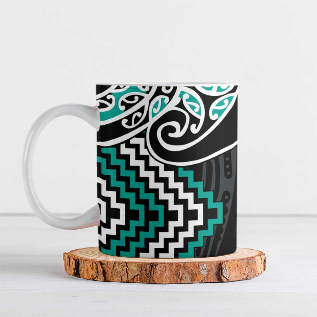 Turquoise Aotearoa Tukutuku Manawa Tapu Ceramic Mug Ta Moko Toi Maori - Polynesian Pride