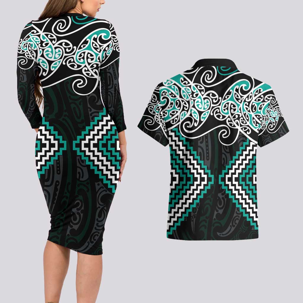 Turquoise Aotearoa Tukutuku Manawa Tapu Couples Matching Long Sleeve Bodycon Dress and Hawaiian Shirt Ta Moko Toi Maori LT9 - Polynesian Pride