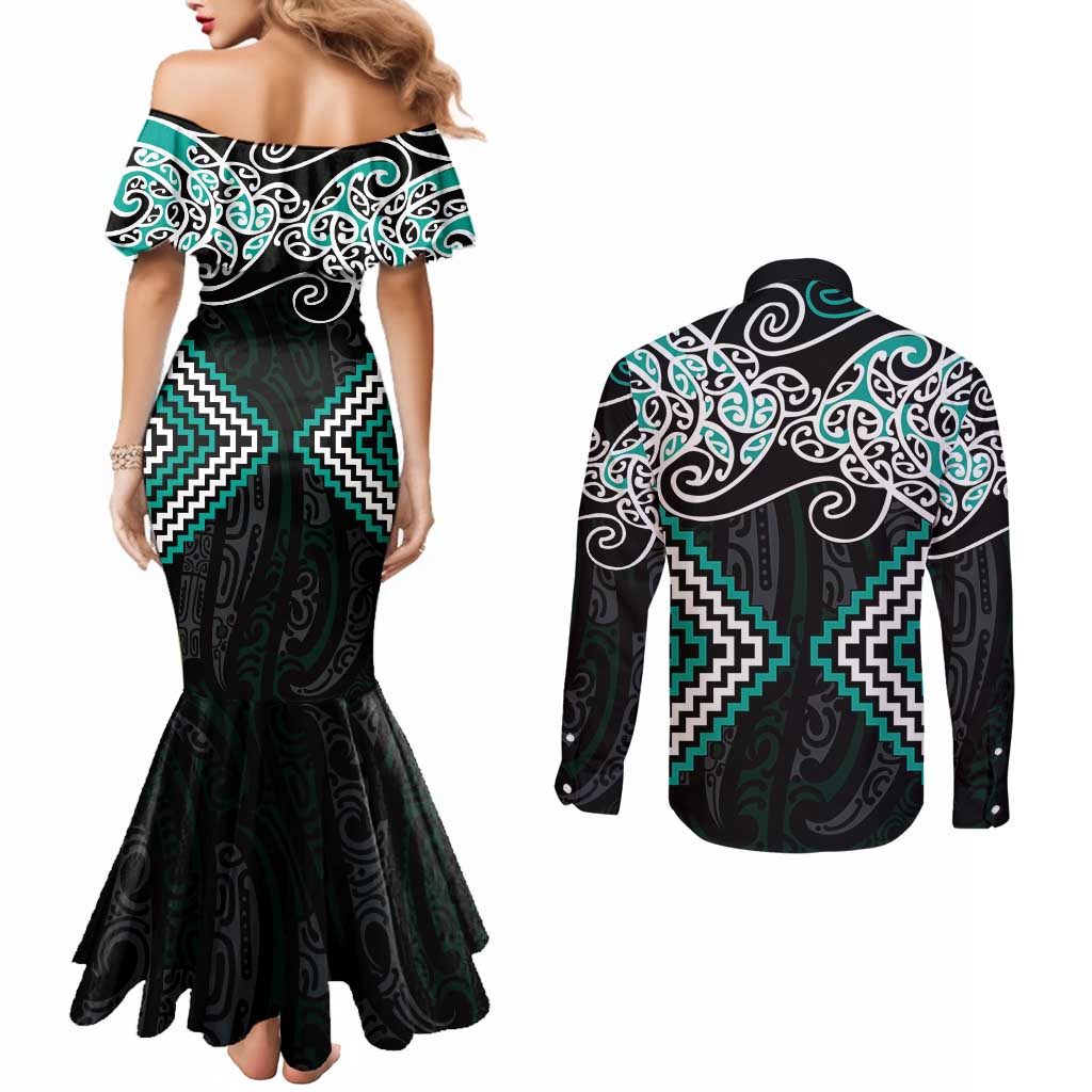Turquoise Aotearoa Tukutuku Manawa Tapu Couples Matching Mermaid Dress and Long Sleeve Button Shirt Ta Moko Toi Maori