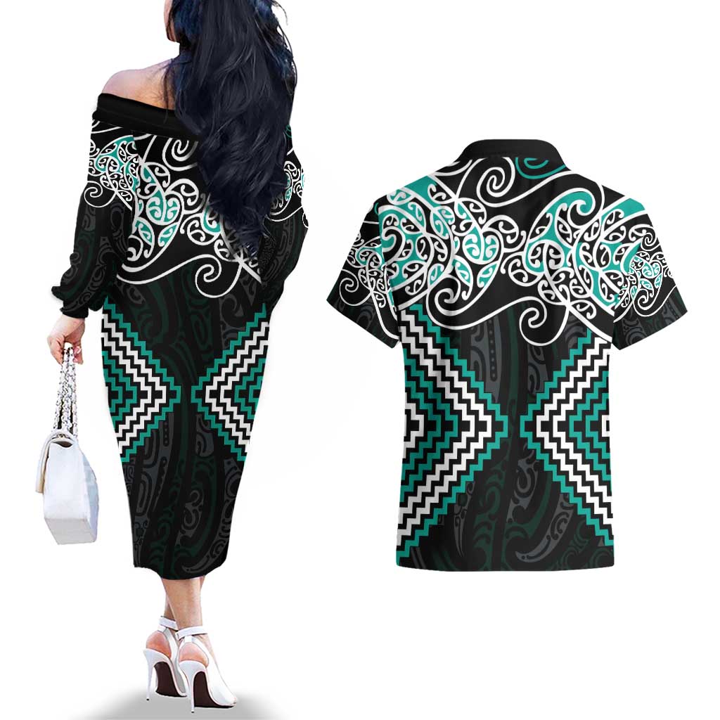 Turquoise Aotearoa Tukutuku Manawa Tapu Couples Matching Off The Shoulder Long Sleeve Dress and Hawaiian Shirt Ta Moko Toi Maori