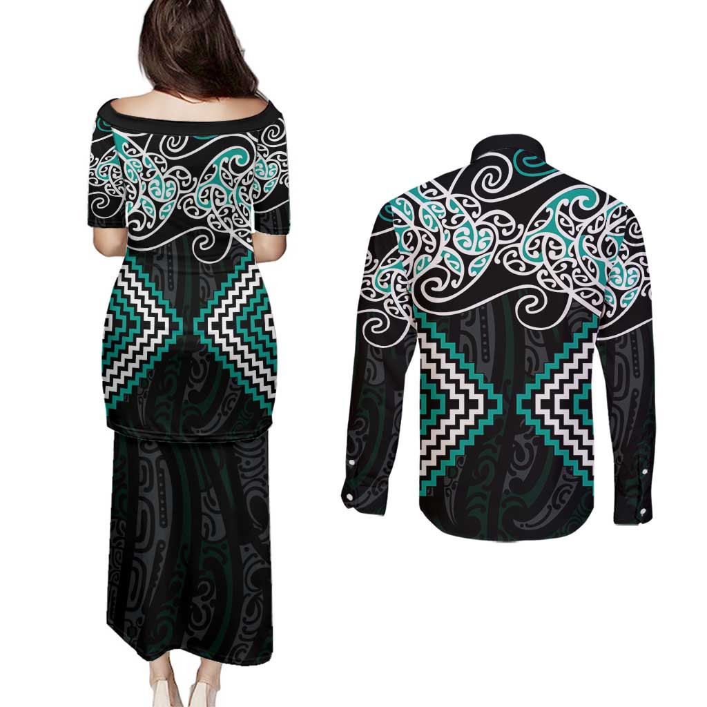 Turquoise Aotearoa Tukutuku Manawa Tapu Couples Matching Puletasi and Long Sleeve Button Shirt Ta Moko Toi Maori LT9 - Polynesian Pride