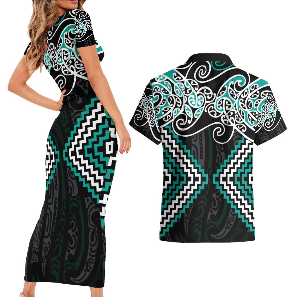 Turquoise Aotearoa Tukutuku Manawa Tapu Couples Matching Short Sleeve Bodycon Dress and Hawaiian Shirt Ta Moko Toi Maori LT9 - Polynesian Pride