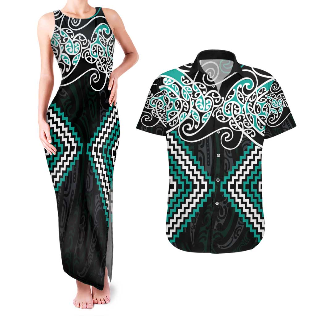 Turquoise Aotearoa Tukutuku Manawa Tapu Couples Matching Tank Maxi Dress and Hawaiian Shirt Ta Moko Toi Maori LT9 Turquoise - Polynesian Pride