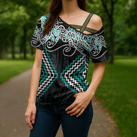 Turquoise Aotearoa Tukutuku Manawa Tapu Cross Shoulder Shirt Ta Moko Toi Maori - Polynesian Pride