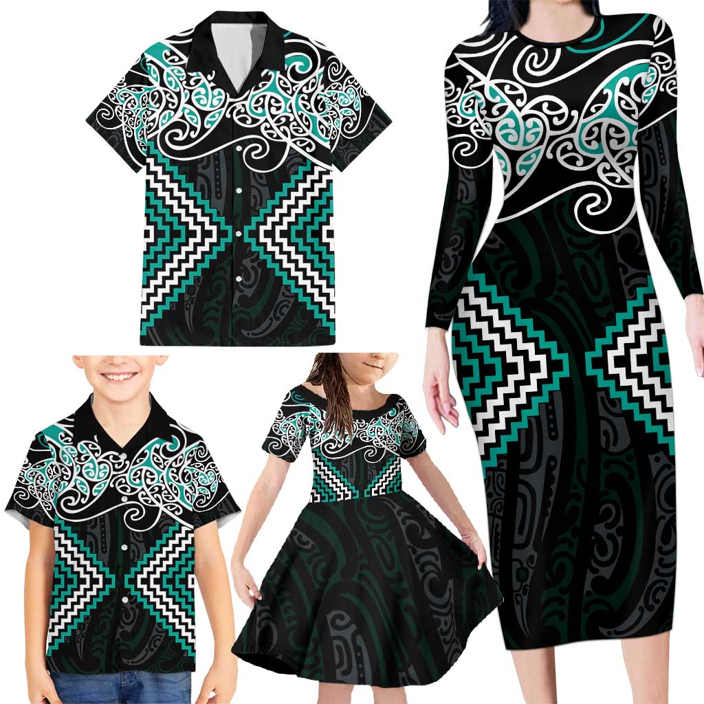 Turquoise Aotearoa Tukutuku Manawa Tapu Family Matching Long Sleeve Bodycon Dress and Hawaiian Shirt Ta Moko Toi Maori LT9 - Polynesian Pride