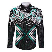 Turquoise Aotearoa Tukutuku Manawa Tapu Family Matching Long Sleeve Bodycon Dress and Hawaiian Shirt Ta Moko Toi Maori LT9 Dad's Shirt - Long Sleeve Turquoise - Polynesian Pride