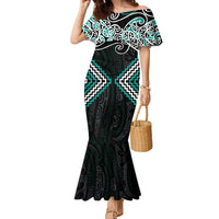 Turquoise Aotearoa Tukutuku Manawa Tapu Family Matching Mermaid Dress and Hawaiian Shirt Ta Moko Toi Maori LT9 Mom's Dress Turquoise - Polynesian Pride