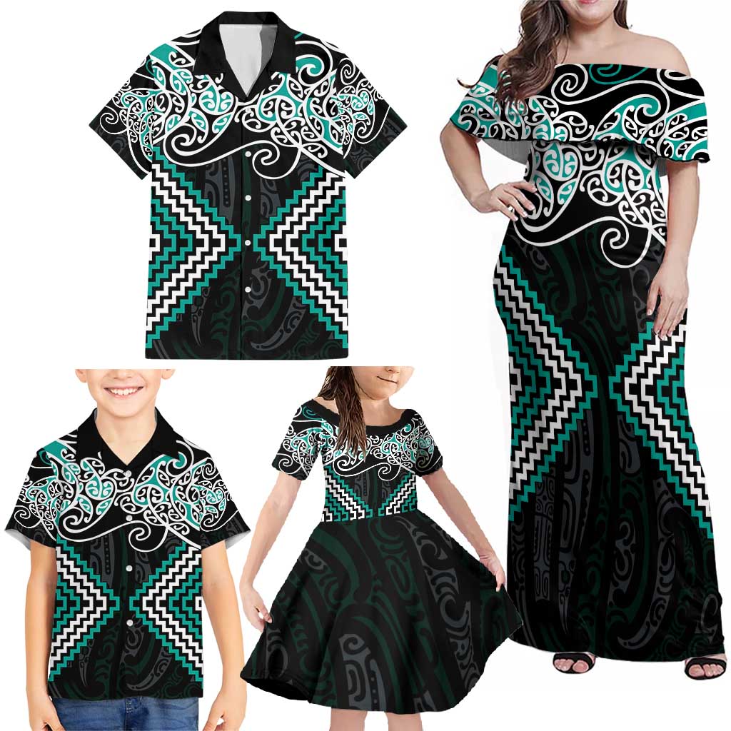 Turquoise Aotearoa Tukutuku Manawa Tapu Family Matching Off Shoulder Maxi Dress and Hawaiian Shirt Ta Moko Toi Maori LT9 - Polynesian Pride