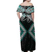 Turquoise Aotearoa Tukutuku Manawa Tapu Family Matching Off Shoulder Maxi Dress and Hawaiian Shirt Ta Moko Toi Maori LT9 - Polynesian Pride