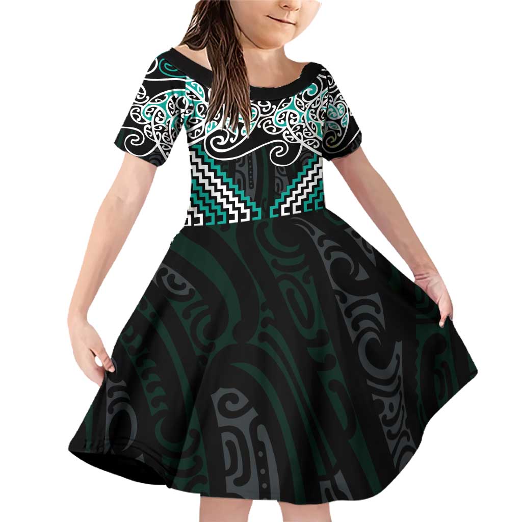 Turquoise Aotearoa Tukutuku Manawa Tapu Family Matching Off Shoulder Short Dress and Hawaiian Shirt Ta Moko Toi Maori LT9 Daughter's Dress Turquoise - Polynesian Pride
