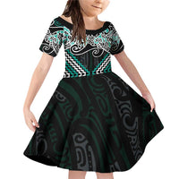 Turquoise Aotearoa Tukutuku Manawa Tapu Family Matching Off Shoulder Short Dress and Hawaiian Shirt Ta Moko Toi Maori LT9 Daughter's Dress Turquoise - Polynesian Pride