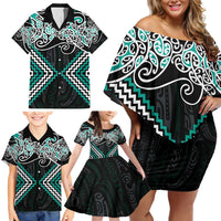 Turquoise Aotearoa Tukutuku Manawa Tapu Family Matching Off Shoulder Short Dress and Hawaiian Shirt Ta Moko Toi Maori LT9 - Polynesian Pride