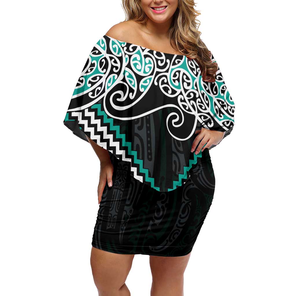 Turquoise Aotearoa Tukutuku Manawa Tapu Family Matching Off Shoulder Short Dress and Hawaiian Shirt Ta Moko Toi Maori LT9 Mom's Dress Turquoise - Polynesian Pride