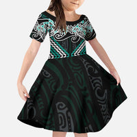 Turquoise Aotearoa Tukutuku Manawa Tapu Family Matching Puletasi and Hawaiian Shirt Ta Moko Toi Maori LT9 Daughter's Dress Turquoise - Polynesian Pride