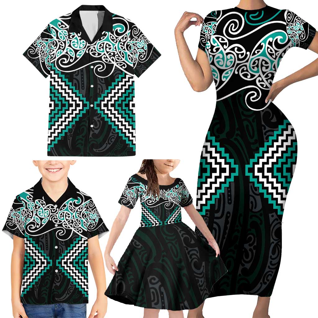 Turquoise Aotearoa Tukutuku Manawa Tapu Family Matching Short Sleeve Bodycon Dress and Hawaiian Shirt Ta Moko Toi Maori LT9 - Polynesian Pride
