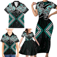 Turquoise Aotearoa Tukutuku Manawa Tapu Family Matching Short Sleeve Bodycon Dress and Hawaiian Shirt Ta Moko Toi Maori LT9 - Polynesian Pride