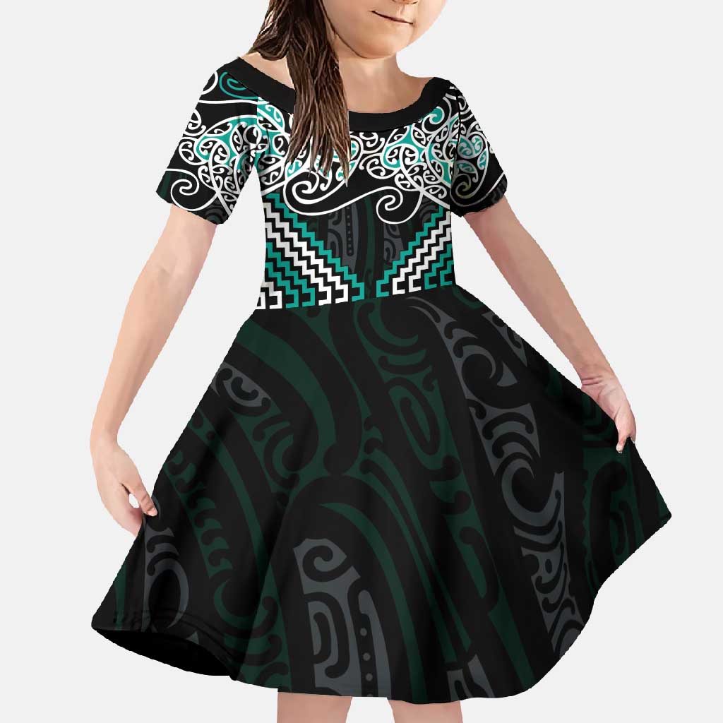 Turquoise Aotearoa Tukutuku Manawa Tapu Family Matching Summer Maxi Dress and Hawaiian Shirt Ta Moko Toi Maori LT9 Daughter's Dress Turquoise - Polynesian Pride