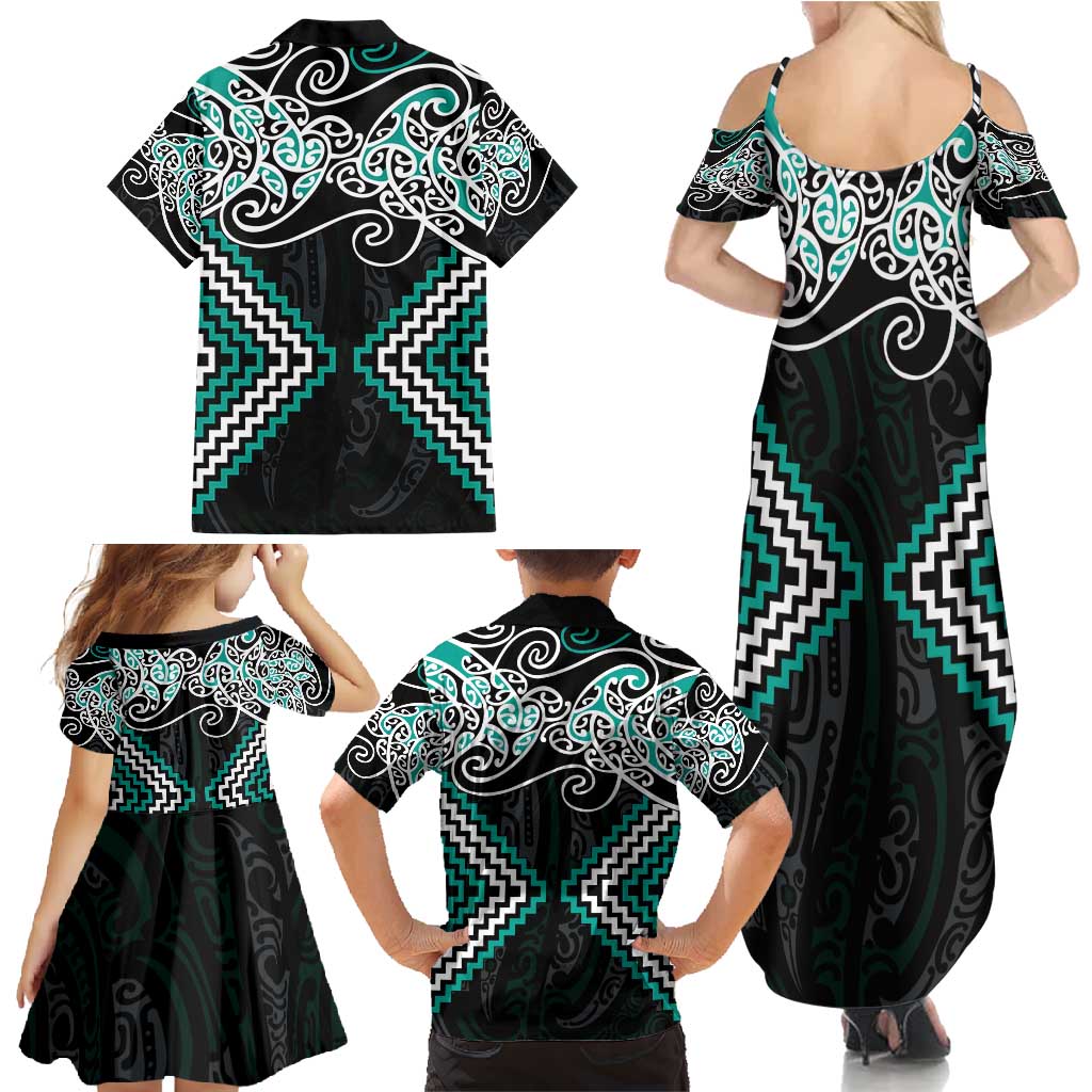 Turquoise Aotearoa Tukutuku Manawa Tapu Family Matching Summer Maxi Dress and Hawaiian Shirt Ta Moko Toi Maori LT9 - Polynesian Pride
