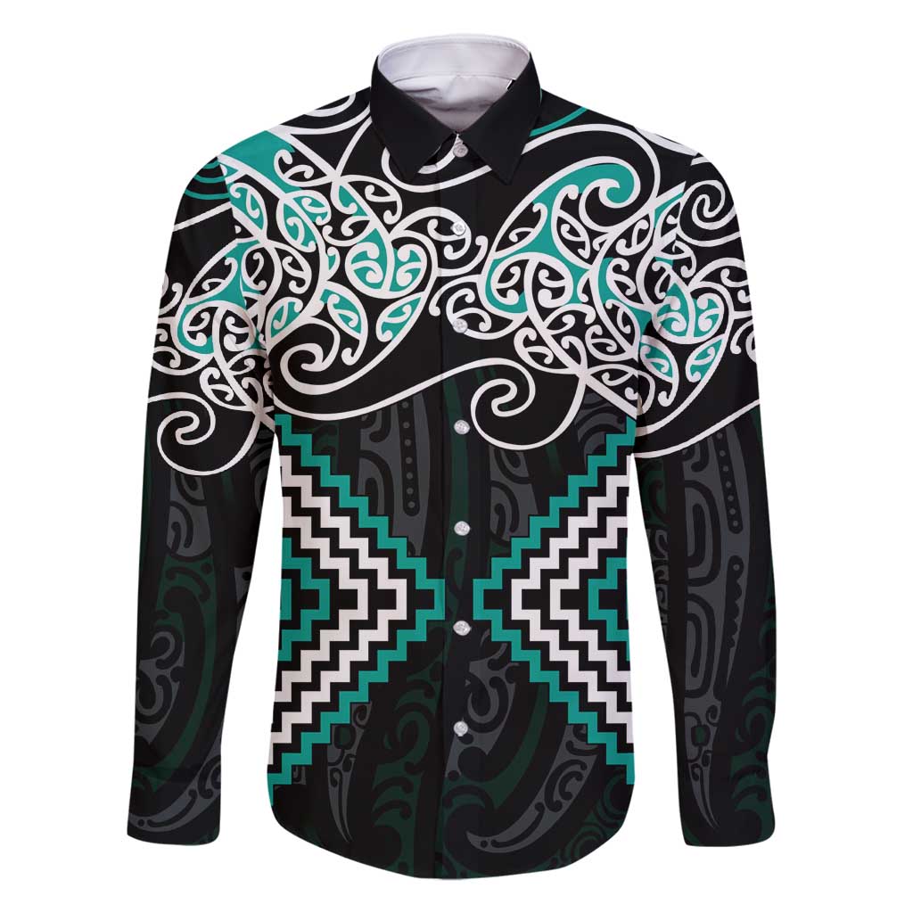 Turquoise Aotearoa Tukutuku Manawa Tapu Family Matching Summer Maxi Dress and Hawaiian Shirt Ta Moko Toi Maori LT9 Dad's Shirt - Long Sleeve Turquoise - Polynesian Pride