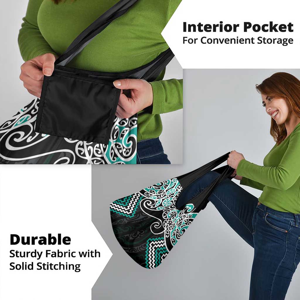 Turquoise Aotearoa Tukutuku Manawa Tapu Grocery Bag Ta Moko Toi Maori
