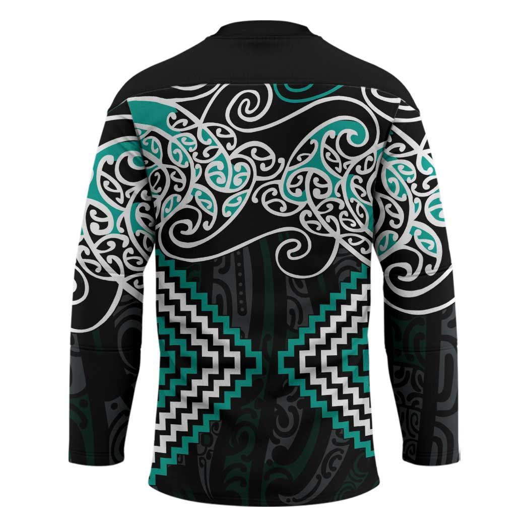 Turquoise Aotearoa Tukutuku Manawa Tapu Hockey Jersey Ta Moko Toi Maori - Polynesian Pride