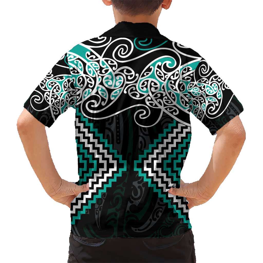 Turquoise Aotearoa Tukutuku Manawa Tapu Kid Hawaiian Shirt Ta Moko Toi Maori LT9 - Polynesian Pride