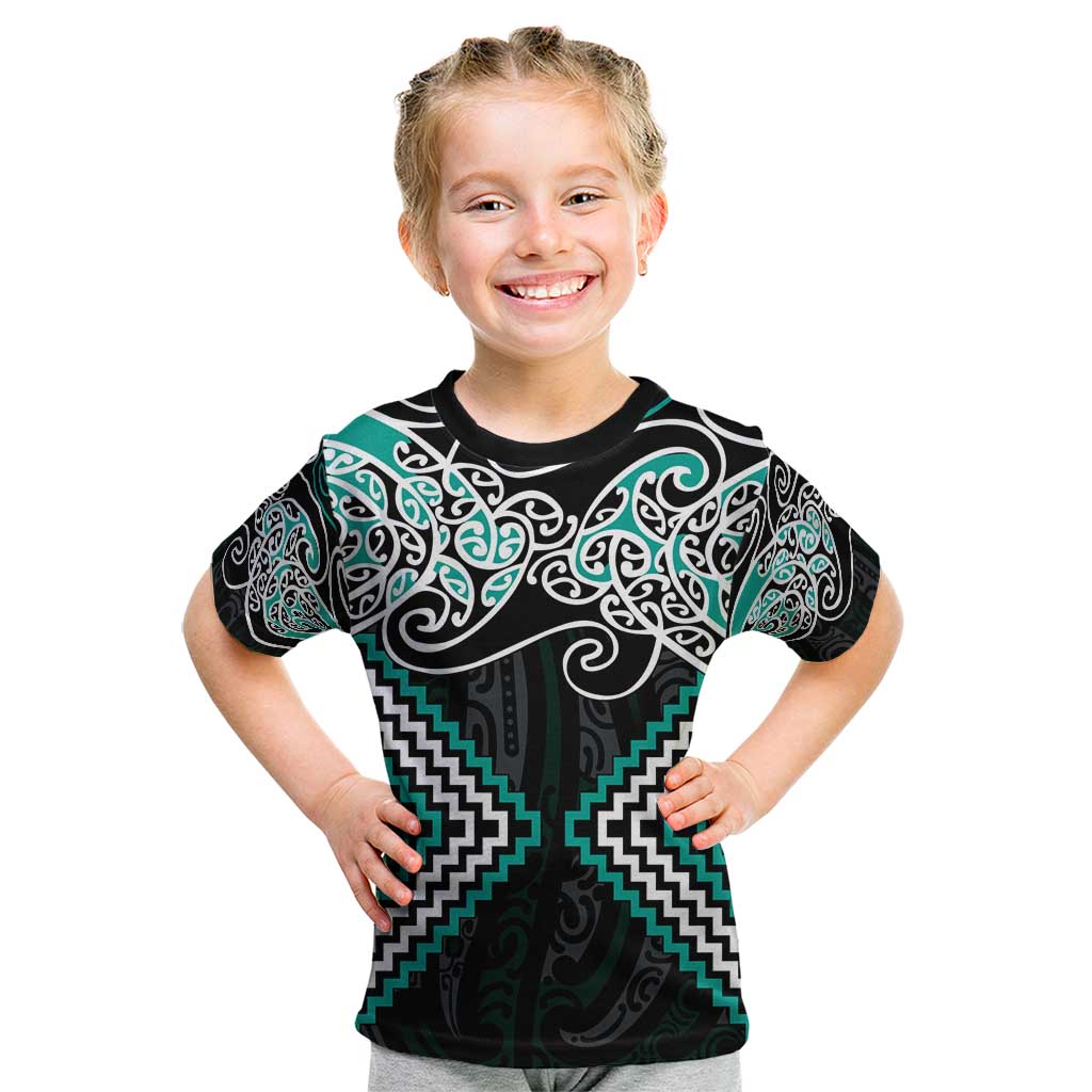 Turquoise Aotearoa Tukutuku Manawa Tapu Kid T Shirt Ta Moko Toi Maori LT9 Turquoise - Polynesian Pride