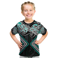 Turquoise Aotearoa Tukutuku Manawa Tapu Kid T Shirt Ta Moko Toi Maori LT9 Turquoise - Polynesian Pride