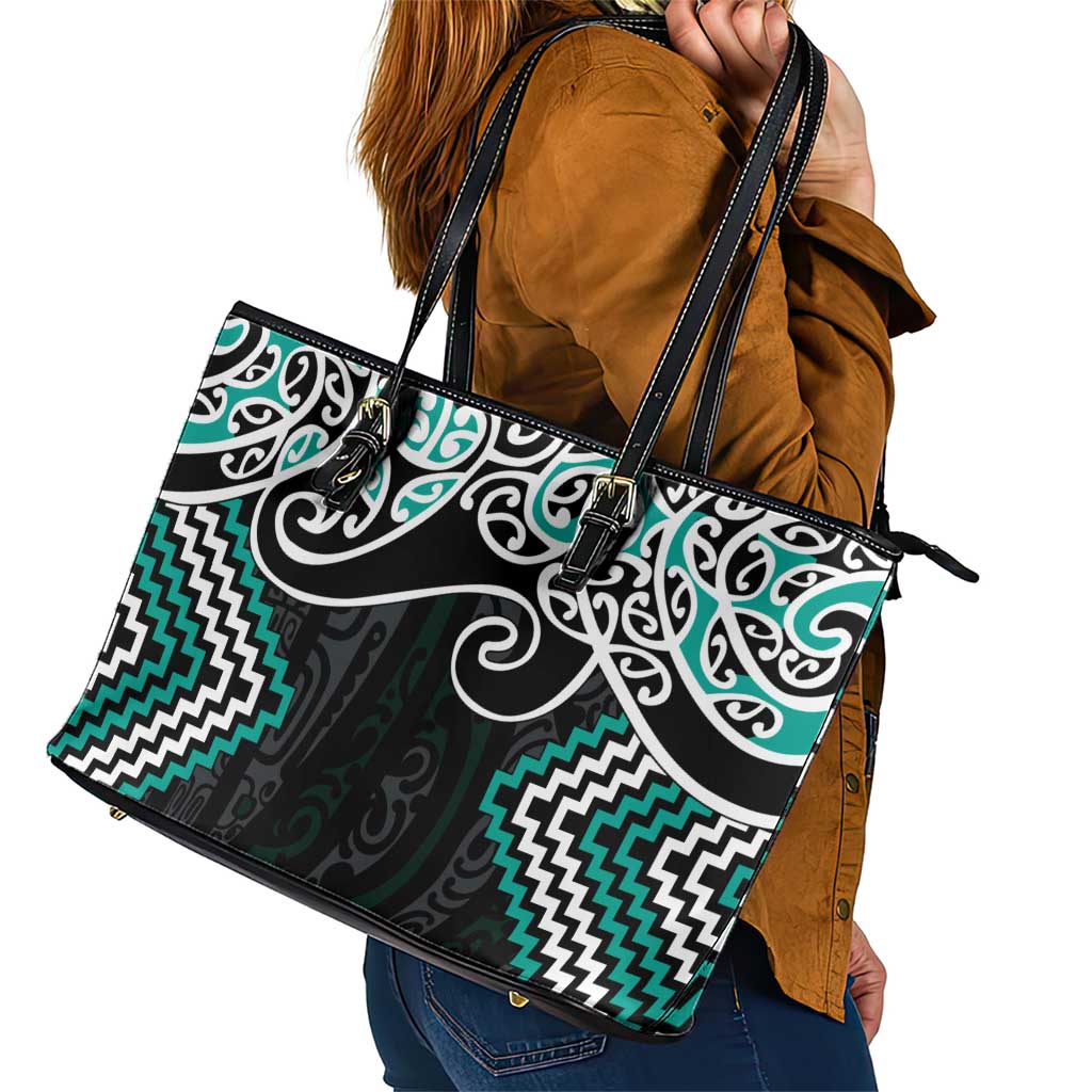 Turquoise Aotearoa Tukutuku Manawa Tapu Leather Tote Bag Ta Moko Toi Maori LT9 - Polynesian Pride