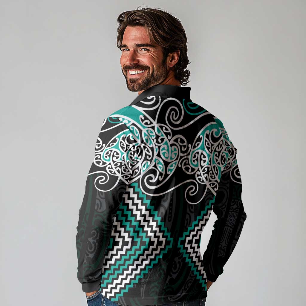 Turquoise Aotearoa Tukutuku Manawa Tapu Long Sleeve Polo Shirt Ta Moko Toi Maori