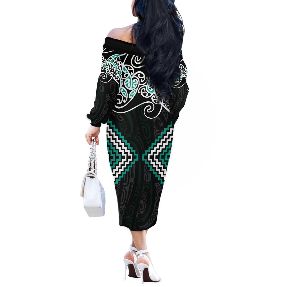 Turquoise Aotearoa Tukutuku Manawa Tapu Off The Shoulder Long Sleeve Dress Ta Moko Toi Maori