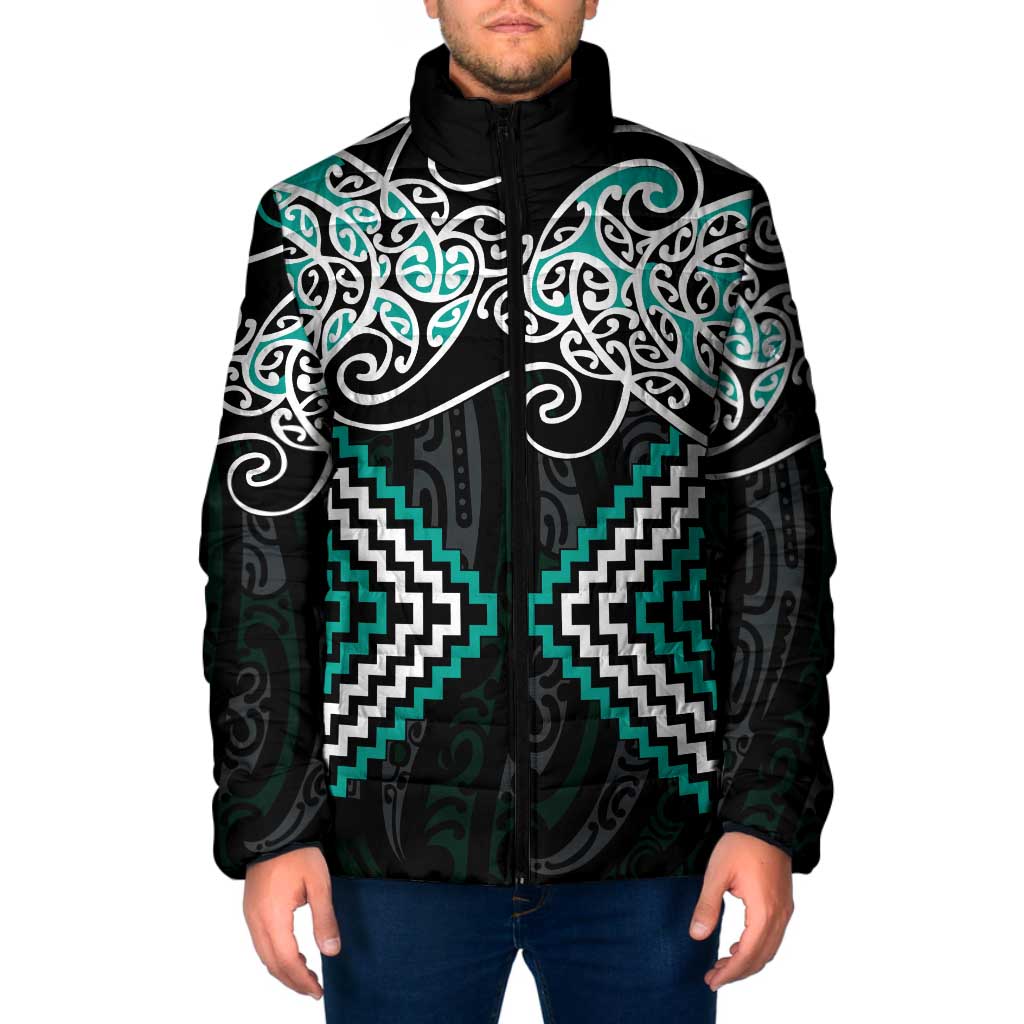 Turquoise Aotearoa Tukutuku Manawa Tapu Padded Jacket Ta Moko Toi Maori - Polynesian Pride