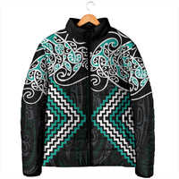 Turquoise Aotearoa Tukutuku Manawa Tapu Padded Jacket Ta Moko Toi Maori - Polynesian Pride