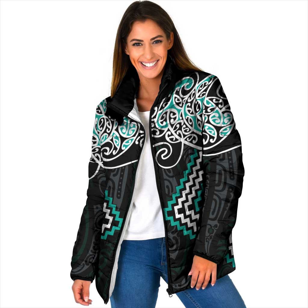 Turquoise Aotearoa Tukutuku Manawa Tapu Padded Jacket Ta Moko Toi Maori - Polynesian Pride