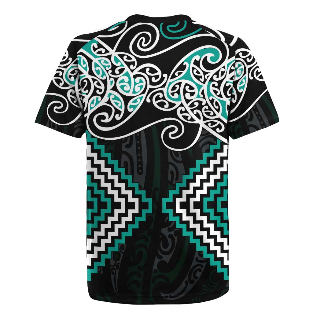 Turquoise Aotearoa Tukutuku Manawa Tapu Rugby Jersey Ta Moko Toi Maori