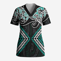 Turquoise Aotearoa Tukutuku Manawa Tapu Scrub Top Ta Moko Toi Maori - Polynesian Pride
