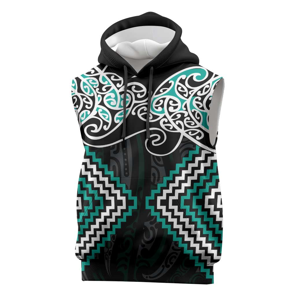 Turquoise Aotearoa Tukutuku Manawa Tapu Sleeveless Hoodie Ta Moko Toi Maori - Polynesian Pride
