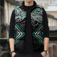 Turquoise Aotearoa Tukutuku Manawa Tapu Sleeveless Puffer Jacket Ta Moko Toi Maori - Polynesian Pride