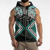 Turquoise Aotearoa Tukutuku Manawa Tapu Sleeveless Zip Hoodie Ta Moko Toi Maori - Polynesian Pride