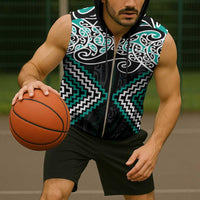 Turquoise Aotearoa Tukutuku Manawa Tapu Sleeveless Zip Hoodie Ta Moko Toi Maori - Polynesian Pride