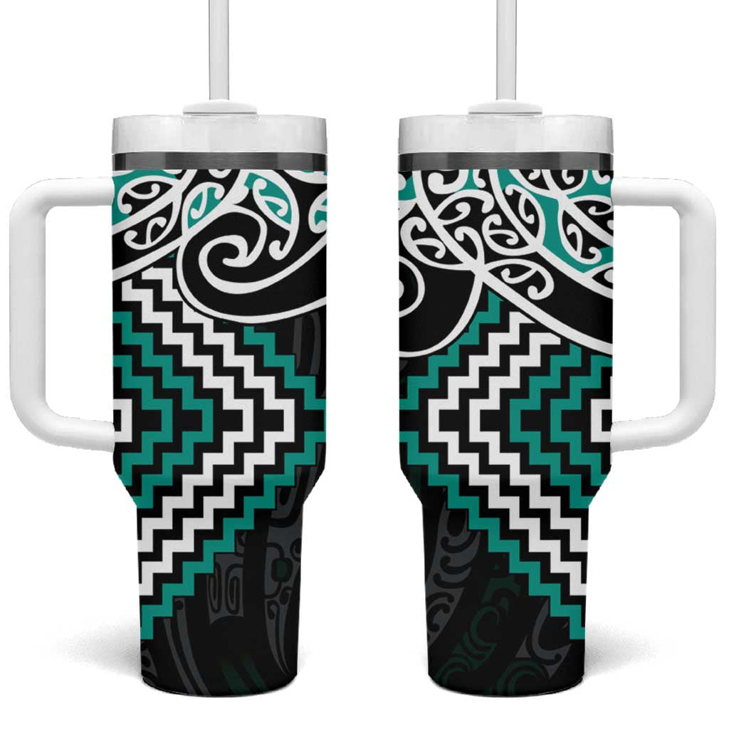 Turquoise Aotearoa Tukutuku Manawa Tapu Tumbler With Handle Ta Moko Toi Maori LT9 One Size: 40 oz Turquoise - Polynesian Pride