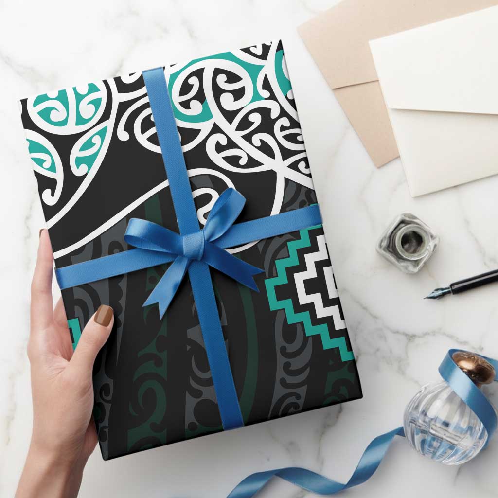 Turquoise Aotearoa Tukutuku Manawa Tapu Wrapping Paper Ta Moko Toi Maori - Polynesian Pride