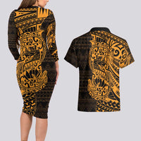 Gold Couple Dolphins Maori Polynesian Style Couples Matching Long Sleeve Bodycon Dress and Hawaiian Shirt LT9 - Polynesian Pride